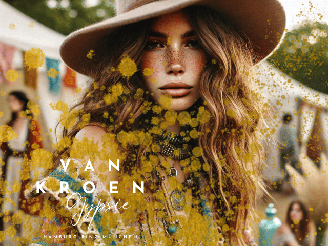 "Eine Mode Influencerin im Boho-Stil bei einer lebhaften Outdoor-Veranstaltung. Sie trägt ein extravagantes Boho-Outfit ohne Hut, mit langen, welligen Haaren und Sommersprossen. Ihr Look ist farbenfroh und geschichtet, mit detaillierten Mustern und auffälligen Accessoires, die den Boho-Chic-Stil unterstreichen. Die natürliche Beleuchtung sorgt für eine weiche, ruhige Atmosphäre, die das entspannte und stilvolle Ambiente der Veranstaltung widerspiegelt."