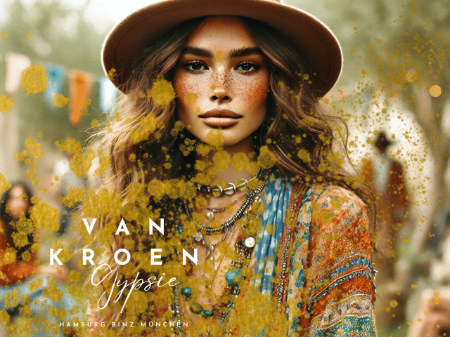 "Eine Mode Influencerin im Boho-Stil, die ein extravagantes Boho-Outfit ohne Hut bei einer lebhaften Outdoor-Veranstaltung trägt. Die Influencerin hat lange, wellige Haare und Sommersprossen, und trägt ein farbenfrohes, schickes Outfit mit ausgefallenen Mustern und großen Accessoires. Die Szene ist von weichem, natürlichem Licht durchflutet und vermittelt eine ruhige, elegante Atmosphäre, die den Vanessa van Kroen Boho-Stil widerspiegelt."