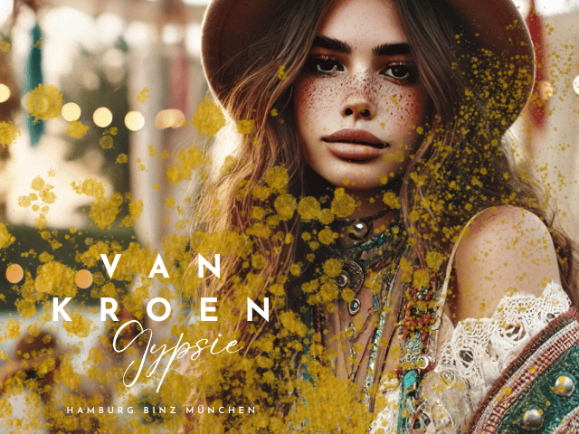 "Eine Mode Influencerin im Boho-Stil, die ein extravagantes Boho-Outfit ohne Hut bei einer lebhaften Outdoor-Veranstaltung trägt. Mit langen, welligen Haaren und Sommersprossen strahlt sie Selbstvertrauen aus. Ihr Outfit ist farbenfroh und mit einzigartigen Accessoires kombiniert. Die Atmosphäre ist von sanftem, natürlichem Licht durchzogen, das eine stilvolle, entspannte Stimmung erzeugt, die den Vanessa van Kroen Boho-Look verkörpert."