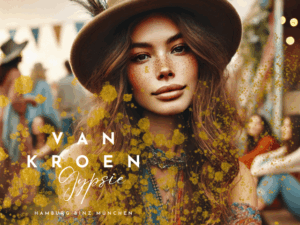 "Eine Mode Influencerin im Boho-Stil bei einer lebhaften Outdoor-Veranstaltung, gekleidet in ein extravagantes Boho-Chic-Outfit ohne Hut. Sie hat lange, wellige Haare, Sommersprossen und eine entspannte, selbstbewusste Ausstrahlung. Ihr Outfit ist farbenfroh und geschichtet, mit filigranen Mustern und auffälligen Accessoires, die den Boho-Stil widerspiegeln. Die weichen, natürlichen Farben und das sanfte Licht verleihen dem Bild eine fotorealistische, angenehme Atmosphäre, die den entspannten, modernen Lifestyle von Vanessa van Kroen widerspiegelt."