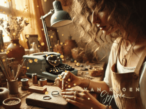 Eine Boho-Chic Goldschmiedin arbeitet in einer warmen, erdigen Werkstatt und fertigt einen filigranen, handgefertigten Goldring an. Die Umgebung ist gemütlich und künstlerisch, mit natürlichen Holzelementen, Vintage-Werkzeugen und weichem, goldenem Sonnenlicht, das durch die Fenster fällt. Das Bild spiegelt die elegante, freie und handgefertigte Ästhetik von Vanessa Van Kroen wider."