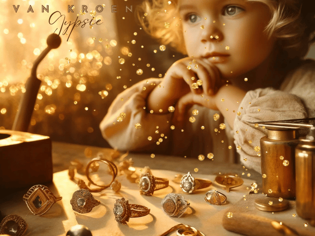 "Ein träumerisches, boho-inspiriertes Bild eines Kindes, das staunend einem Goldschmied bei der Schmuckherstellung zusieht. Die warmen, erdigen Töne, das goldene Licht und die kunstvoll gestalteten Schmuckstücke schaffen eine magische, handgefertigte Atmosphäre im Vanessa Van Kroen Stil."
