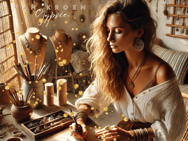 "Eine Boho-Chic Goldschmiedin , skizzierend in einem erdtonfarbenen, sonnenbeleuchteten Atelier. Der Arbeitsplatz ist mit handgefertigten Schmuckstücken, Vintage-Werkzeugen und natürlichen Holzelementen gefüllt. Ihre ruhige, kreative Ausstrahlung verkörpert die künstlerische Transformation, das Handwerk und die freie Eleganz des Vanessa Van Kroen Stils."
