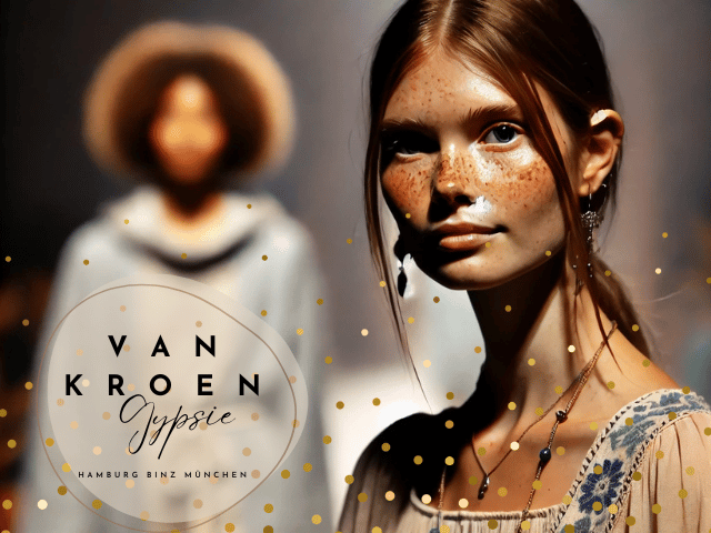 "Zwei Models auf einer Boho-Chic Fashion Show, inspiriert von der Ästhetik von Vanessa van Kroen. Das Modell im Vordergrund trägt ein fließendes, pastellfarbenes Outfit aus natürlichen Stoffen und ist mit Sommersprossen verziert. Sie trägt elegante Accessoires und strahlt eine entspannte, selbstbewusste Ausstrahlung aus. Das zweite Modell im Hintergrund trägt ein ähnliches Outfit und ergänzt das Gesamtbild. Die weiche, warme Beleuchtung schafft eine natürliche und elegante Atmosphäre, die die Schönheit der Mode und der Models betont."