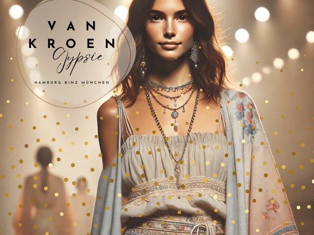 "Szenerie einer Boho Chic Fashion Show. Das Model im Vordergrund trägt ein elegantes, pastell farbendes Outfit aus natürlichen Stoffen mit zarten Accessoires wie lagen Ketten und hübschen Ohrringen. Das Bild wurde in weichem, natürlichem Licht aufgenommen, das die entspannte und dennoch selbstbewusste Ausstrahlung des Models unterstreicht. Die Szene spiegelt die entspannte, aber elegante Atmosphäre wider, die typisch für die Mode von Vanessa van Kroen ist."