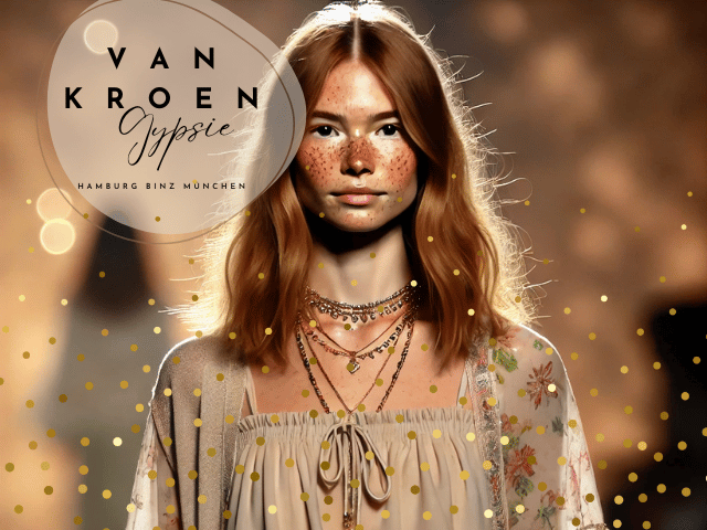 "Ein Model auf einer Boho-Chic Fashion Show, die ein fließendes, pastellfarbenes Outfit trägt. Sie hat Sommersprossen im Gesicht und trägt dezente, elegante Accessoires wie Ketten und Armbänder. Das Bild fängt ihre natürliche Ausstrahlung und die entspannte, aber elegante Atmosphäre der Show ein, während das sanfte Licht ihre Schönheit betont. Das Outfit und der Stil spiegeln den charakteristischen Boho-Chic-Look von Vanessa van Kroen wider."