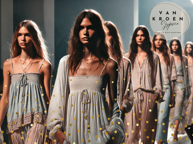 "Impressionen von einer Fashion Week, eingefangen als natürliche, fotorealistische Schnappschüsse. Models in Boho-Chic-Outfits, die den Laufsteg entlang gehen, tragen fließende Stoffe in sanften Pastelltönen, ergänzt durch elegante Accessoires. Die lebendige Atmosphäre des Events, das natürliche Licht und die entspannte Stimmung spiegeln den modernen und zeitlosen Stil von Vanessa van Kroen wider."