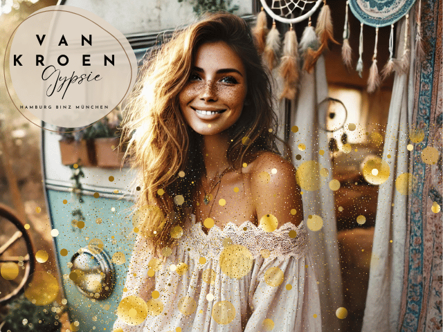 "Eine Bohemian Frau mit Sommersprossen, die in weichen Pastelltönen gekleidetes Boho-Outfit trägt, steht lächelnd vor einem liebevoll geschmückten Caravan. Die Szene ist in warmem, weichem Sonnenlicht getaucht und vermittelt eine entspannte, kreative Atmosphäre im Einklang mit dem Bohemian Lifestyle. Das Bild verkörpert den freien, natürlichen Stil von Vanessa van Kroen."