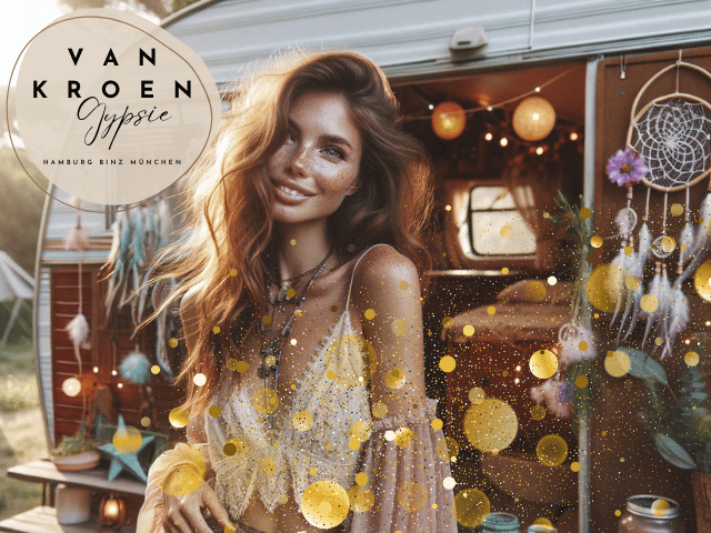 „Eine natürliche, freudige Aufnahme einer Bohemian Frau mit Sommersprossen, die ein fließendes, pastellfarbenes Boho-Outfit trägt. Sie steht vor ihrem liebevoll geschmückten Caravan, der mit Traumfängern, Lichterketten und Pflanzen verziert ist. Die Frau strahlt eine entspannte und kreative Bohemian Lifestyle-Atmosphäre aus. Diese Szene vermittelt den freien Geist und die natürliche Schönheit, die den Stil von Vanessa Van Kroen inspirieren.“