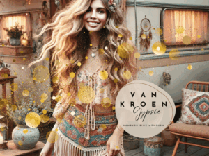 „Eine natürliche, authentische Fotografie einer Bohemian-Frau mit Sommersprossen, die ein pastellfarbenes Boho-Outfit trägt. Sie steht vor einem liebevoll geschmückten Caravan, umgeben von Pflanzen, Traumfängern und hängenden Laternen. Ihre Haare wehen sanft im Wind, während sie eine entspannte, freigeistige Ausstrahlung hat. Diese Szene spiegelt den Bohemian Lifestyle wider, der perfekt mit dem modernen und kreativen Stil von Vanessa Van Kroen harmoniert.“