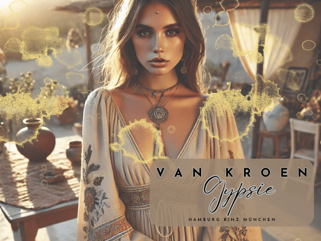 "Eine stilvolle Person trägt ein fließendes Boho-Chic-Gewand in Erdtönen, kombiniert mit handgefertigten Accessoires von Vanessa van Kroen. Die Szene spielt sich in einer sonnigen, natürlichen Umgebung ab und strahlt eine freie, künstlerische und entspannte Atmosphäre aus.