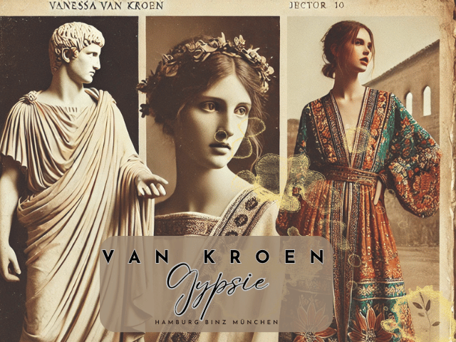 "Eine Collage mit historischen Gewändern: eine römische Toga, eine mittelalterliche Robe mit Stickereien und ein modernes Boho-Kleid. Die warme, erdige Farbpalette verleiht dem Bild einen künstlerischen, vintage-inspirierten Look ganz im Stil von Vanessa van Kroen.