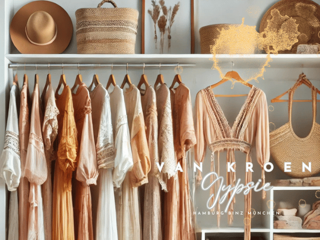 "Eine stilvolle Boho-Garderobe mit erdigen Gewändern, handgefertigten Accessoires und gewebten Aufbewahrungskörben. Sanftes natürliches Licht und rustikale Holzelemente schaffen eine warme und harmonische Atmosphäre."