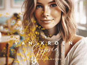 „Eine Frau im Boho-Stil sitzt entspannt in einem Café, trägt ein großes Halstuch und zeigt ihr natürliches Gesicht mit Sommersprossen und einem sanften Lächeln. Ihr Look spiegelt den lässigen und doch eleganten Boho-Chic von Vanessa van Kroen wider. Sie trägt ein lockeres, luftiges Oberteil, und der Raum ist von sanftem, natürlichem Licht durchflutet, was eine warme und einladende Atmosphäre schafft.“