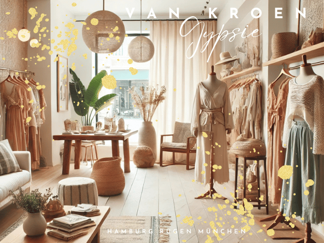 „Vanessa van Kroens helle und luftig moderne Boho-Chic Boutique mit erdtonfarbener Kleidung, handgefertigten Accessoires und stilvollem, zeitgemäßem Dekor. Der Raum ist durchflutet von natürlichem Licht, ergänzt durch sanfte Pastelltöne und warme Holzelemente, die eine frische und einladende Atmosphäre schaffen."