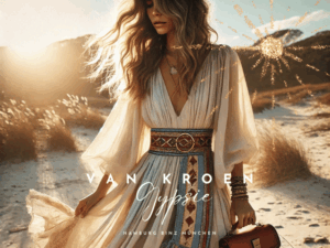 „ Ein Boho-chic Modell in einem modernen, fließenden Kleid in zarten Pastelltönen, kombiniert mit handgefertigten Accessoires wie einer Ledertasche, einem ethnischen Gürtel und einem Tuch. Das Modell steht in einer natürlichen Outdoor-Umgebung bei goldenem Sonnenlicht, das eine verträumte und künstlerische Atmosphäre schafft. Der sanft verschwommene Hintergrund hebt die stilvolle und zeitgemäße Interpretation des Vanessa Van Kroen Boho-Chic-Stils hervor.“