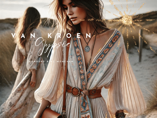 „Ein natürlich wirkendes, spontanes Foto eines boho-chic Modells in einem fließenden, pastellfarbenen Kleid, kombiniert mit handgefertigten Accessoires wie einer Ledertasche, einem ethnischen Gürtel und einem Tuch. Das Modell steht in einer natürlichen Outdoor-Umgebung, wie einer Wiese oder am Strand, während es in weichem, natürlichem Licht zur goldenen Stunde aufgenommen wurde. Die Aufnahme vermittelt eine entspannte, freie Stimmung und fängt die elegante, boho-inspirierte Ästhetik der Vanessa Van Kroen Marke ein.“