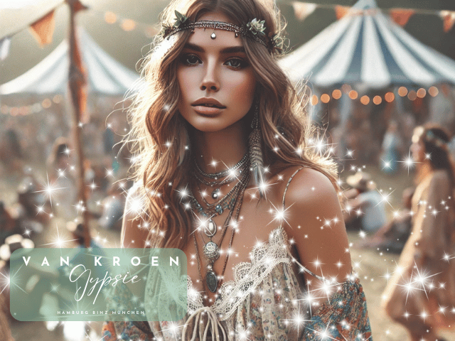 „Eine natürliche, spontane Fotografie einer jungen Frau auf einem Festival, die im Boho-Chic-Stil gekleidet ist. Sie trägt ein fließendes, bohemianes Kleid mit zarten Mustern und accessoriert mit geschichteten Halsketten, Federohrringen und Perlenarmbändern von Vanessa van Kroen. Ihr Haar fällt in sanften Wellen und sie trägt einen Blumenkranz. Die Szene fängt eine sorglose, freie Atmosphäre auf einem Festival mit bunten Zelten und natürlichem Sonnenlicht ein.“