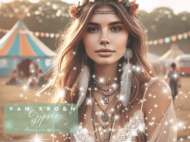 „Eine junge Frau im Boho-Chic-Stil auf einem Musikfestival. Sie trägt ein fließendes, bohemianes Kleid und ist mit Boho-Schmuck wie geschichteten Halsketten, Federohrringen und Perlenarmbändern von Vanessa van Kroen geschmückt. Ihr Haar ist in lockeren Wellen gestylt und sie trägt einen Blumenkranz. Ihr Gesicht hat einen natürlichen Ausdruck, der die entspannte und freie Festivalatmosphäre widerspiegelt. Der Hintergrund zeigt bunte Zelte und warmes Sonnenlicht, was eine authentische, fröhliche Stimmung erzeugt.“